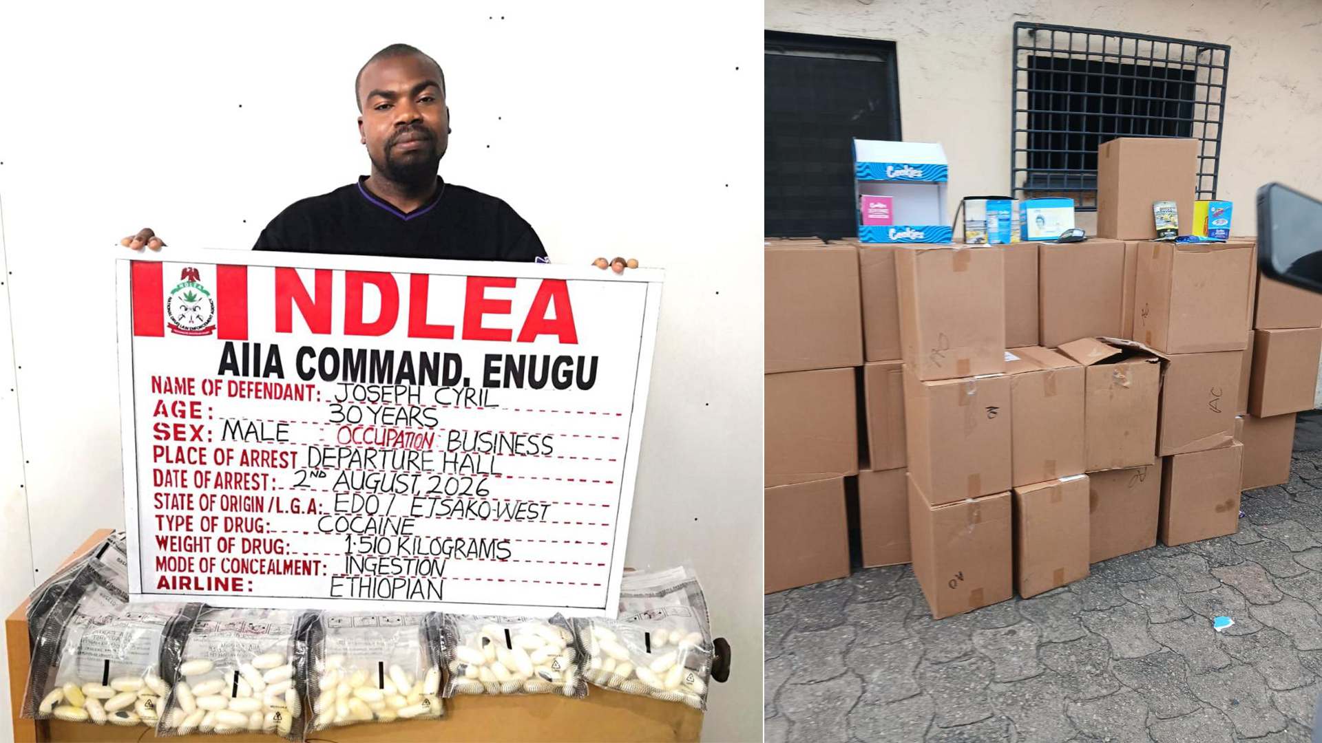 Italy based bizman arrested at Enugu airport excretes 98 wraps of cocaine